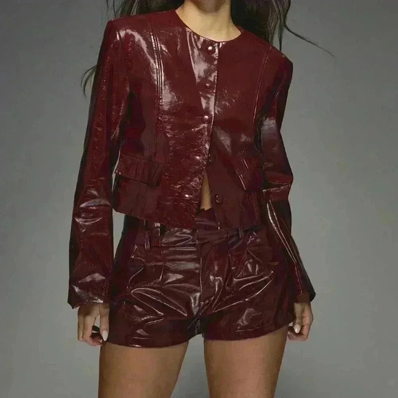 Jackets & Blazers - Burgundy Casual Women's Faux Leather Buttoned Round Neck Long Sleeves Jacket